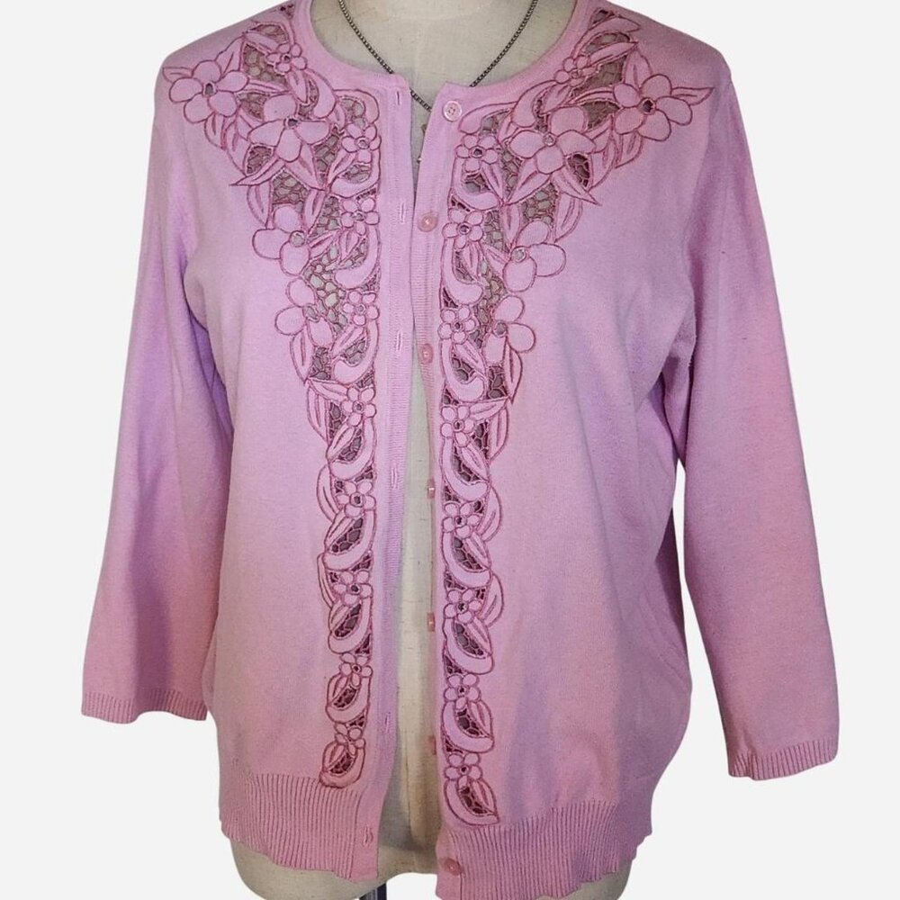 ISAAC MIZRAHI LIVE! Pink Embroidered Cut-Out Floral Cardigan. Size L.